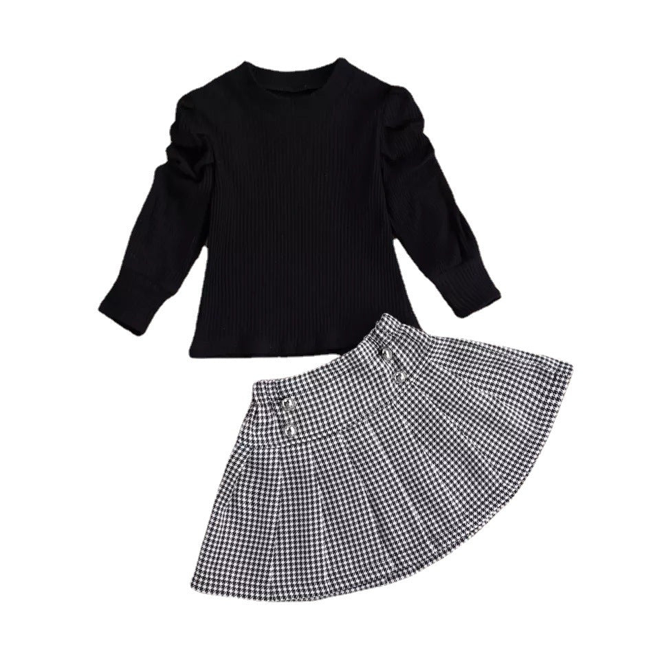 Girls' Fashion Sunken Stripe Top Houndstooth Skirt Suit