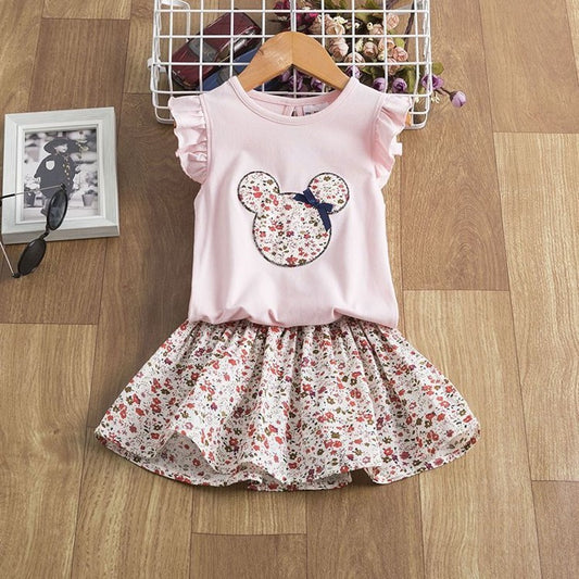 Clothing Baby Outfit Infant Holiday Kids Girls Dress featuring a pink top with floral skirt and cute Mickey Mouse design.