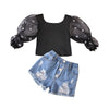 Children'S Clothing Cotton Dot Mesh Sleeves Striped Top Ripped Denim Shorts Kids Suit