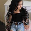 Children'S Clothing Cotton Dot Mesh Sleeves Striped Top Ripped Denim Shorts Kids Suit
