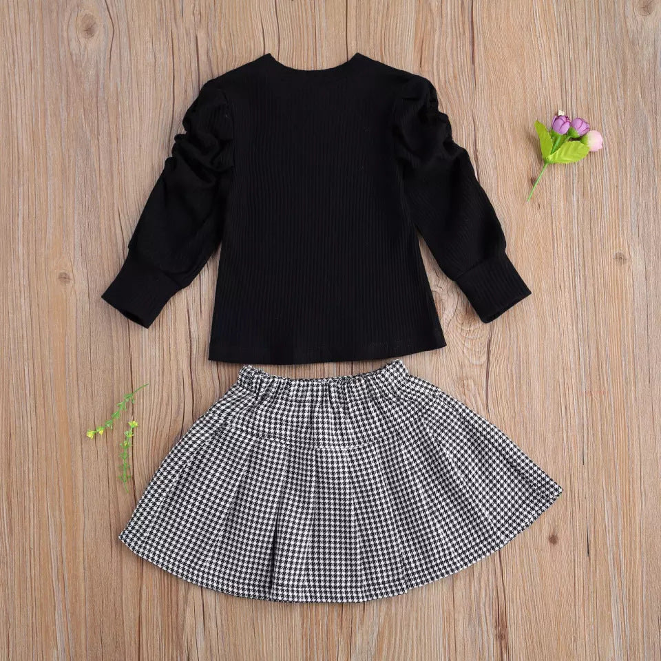 Girls' Fashion Sunken Stripe Top Houndstooth Skirt Suit