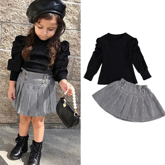 Girls' Fashion Sunken Stripe Top Houndstooth Skirt Suit