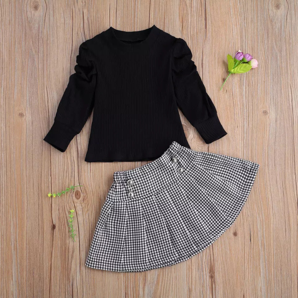 Girls' Fashion Sunken Stripe Top Houndstooth Skirt Suit
